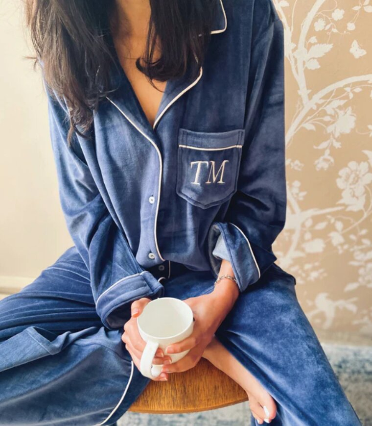 Photo on The Initial Studio (https://theinitialstudio.com/collections/nightwear-pjs-lounge/products/copy-of-velour-pjs-ink-blue-hers )