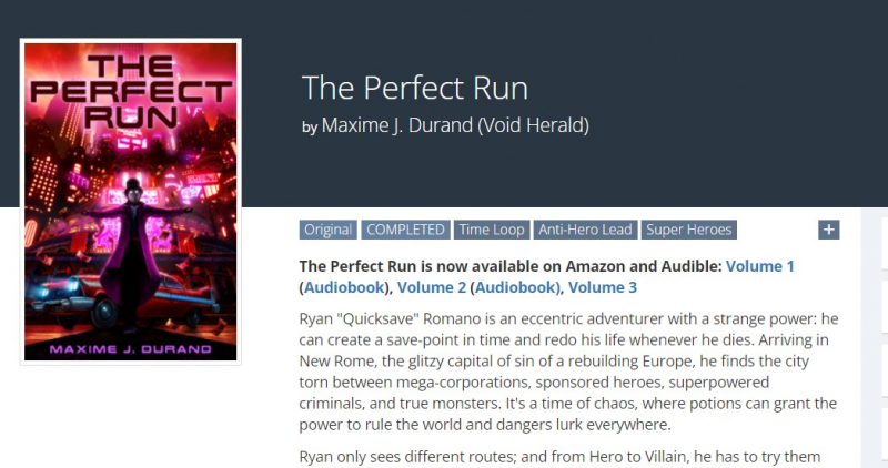 Screenshot of https://www.royalroad.com/fiction/36735/the-perfect-run