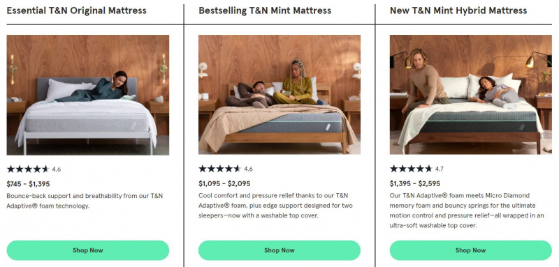 Screenshot of https://www.tuftandneedle.com/pages/compare-mattresses