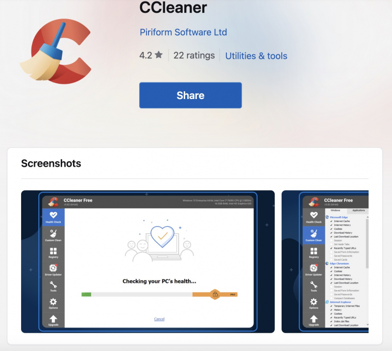 CCleaner Microsoft Store page