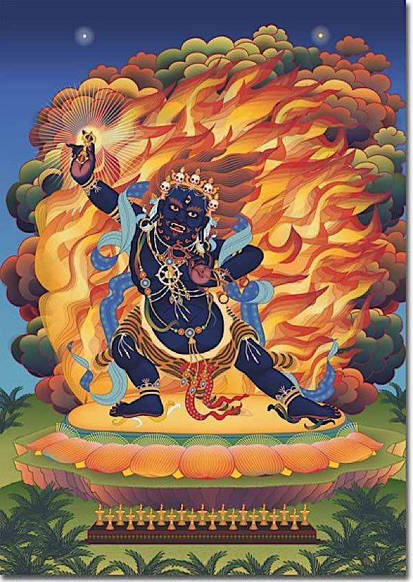 Wrathful Vajrapani surrounded by wisdom flames. In both wrathful and peaceful forms he is irresistibly powerful. - buddhaweekly.com
