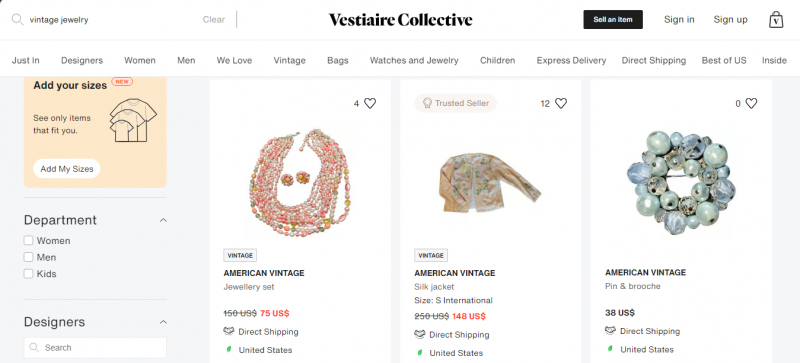 Screenshot via vestiairecollective.com/search/?q=vintage+jewelry