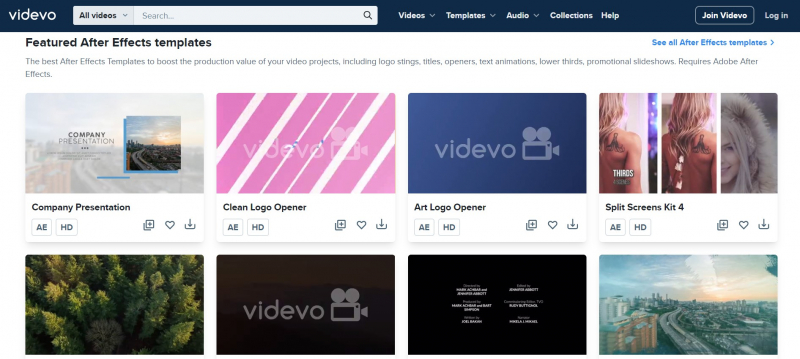 Screenshot of https://www.videvo.net/video-editing-templates/