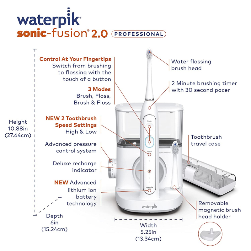 Waterpik Sonic-Fusion 2.0 Professional Flossing Toothbrush, Electric Toothbrush and Water Flosser Combo In One