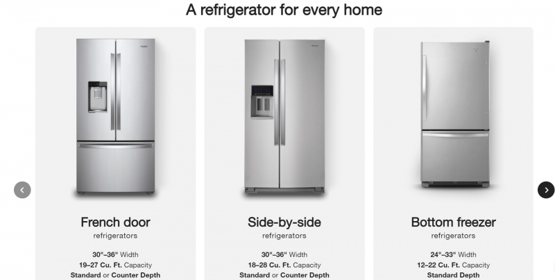Screenshot of https://www.whirlpool.com/kitchen/refrigeration.html