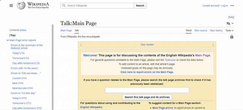 Screenshot via en.wikipedia.org/wiki/Talk:Main_Page