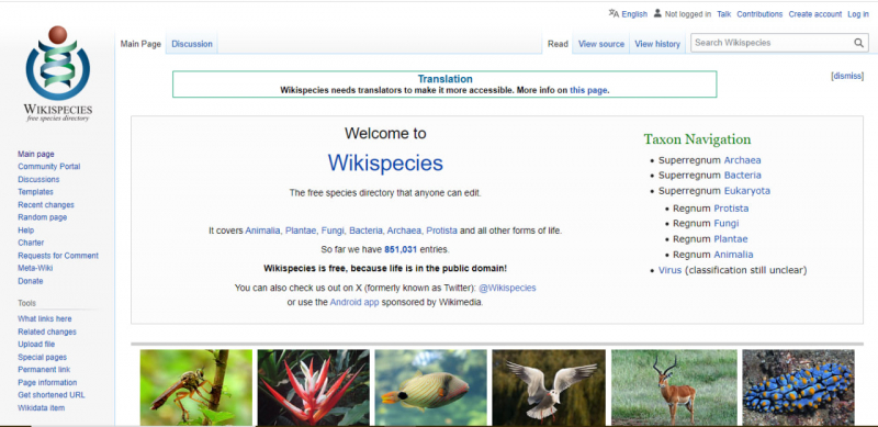 Screenshot of https://species.wikimedia.org/wiki/Main_Page