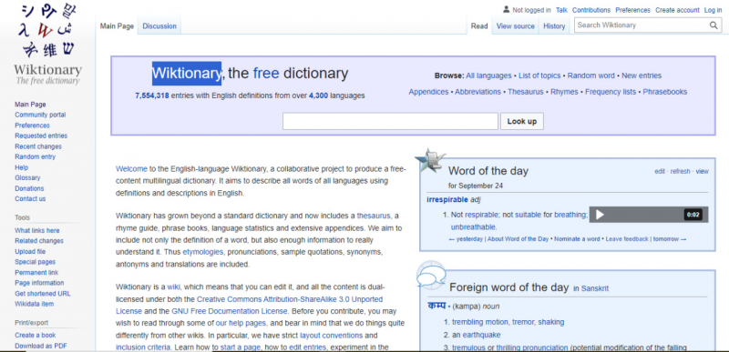 Screenshot of https://en.wiktionary.org/wiki/Wiktionary:Main_Page