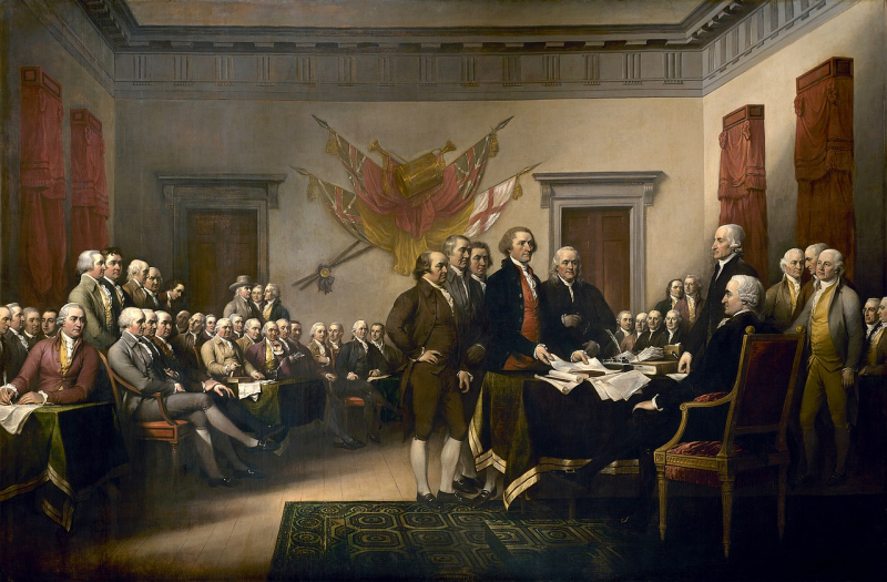 In Declaration of Independence by John Trumbull (1818), Witherspoon is the second seated figure from the (viewer's) right among those shown in the background facing the large table. - Photo: https://en.wikipedia.org/