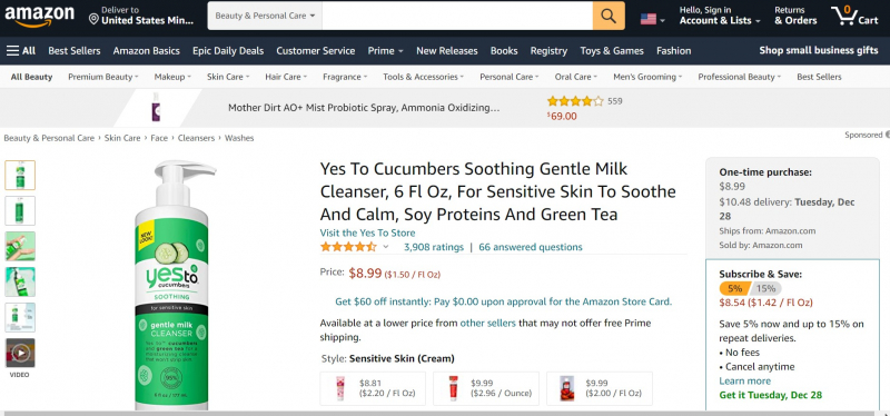 Yes to Cucumbers Gentle Milk Cleanser ,https://www.amazon.com/